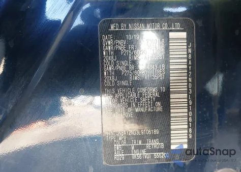 2020 Nissan Armada Platinum 2Wd из США, поврежденный, VIN JN8AY2ND3L9106189